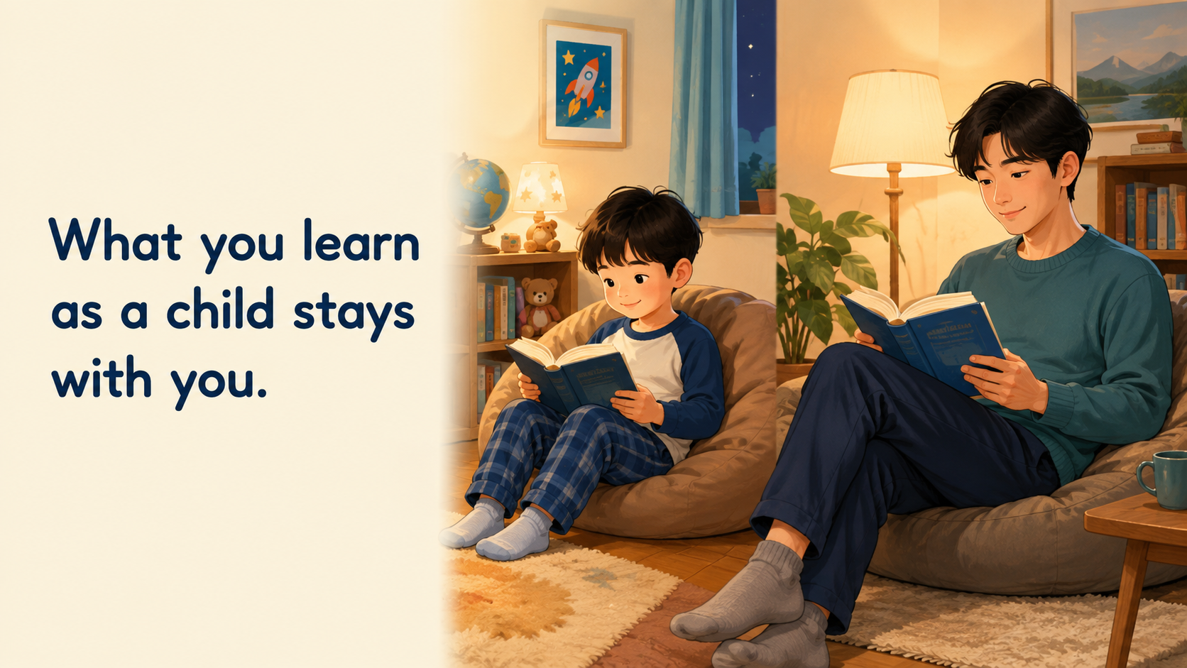 What you learn as a child stays with you.を表す、子どもと大人が読書するイラスト