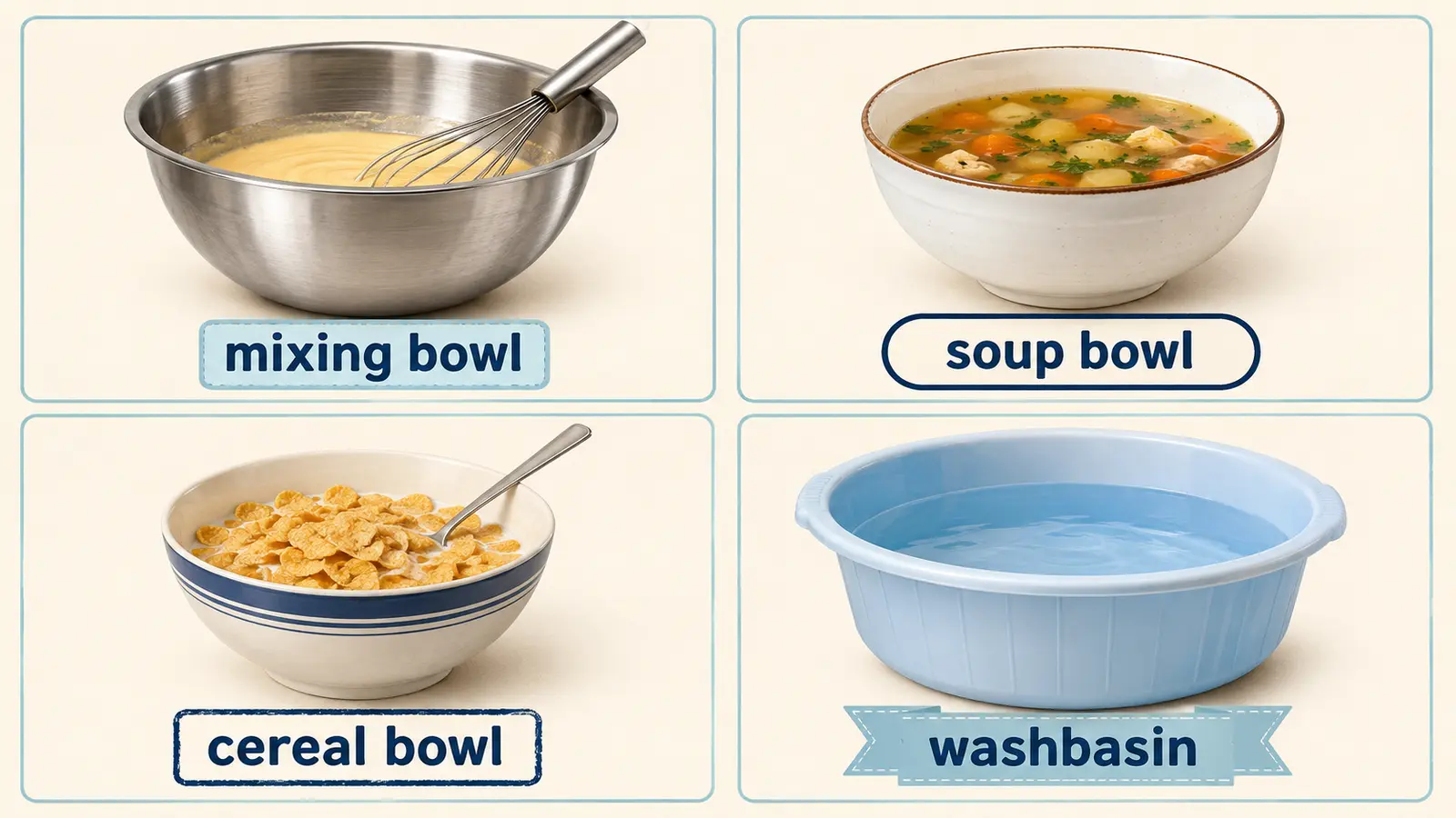 mixing bowl、soup bowl、cereal bowl、washbasinの形と用途の違い