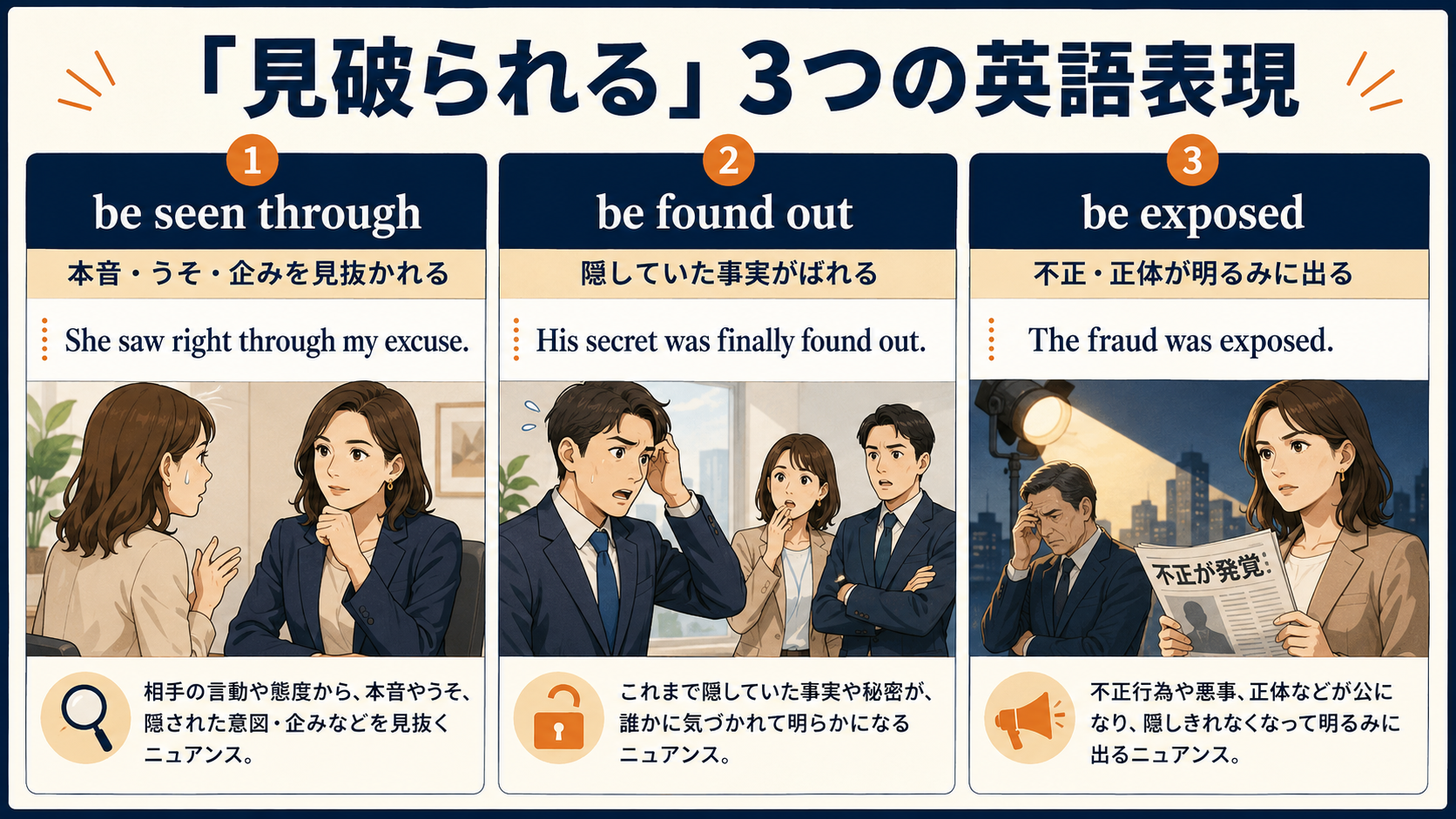見破られるを表すbe seen through・be found out・be exposedの使い分け図