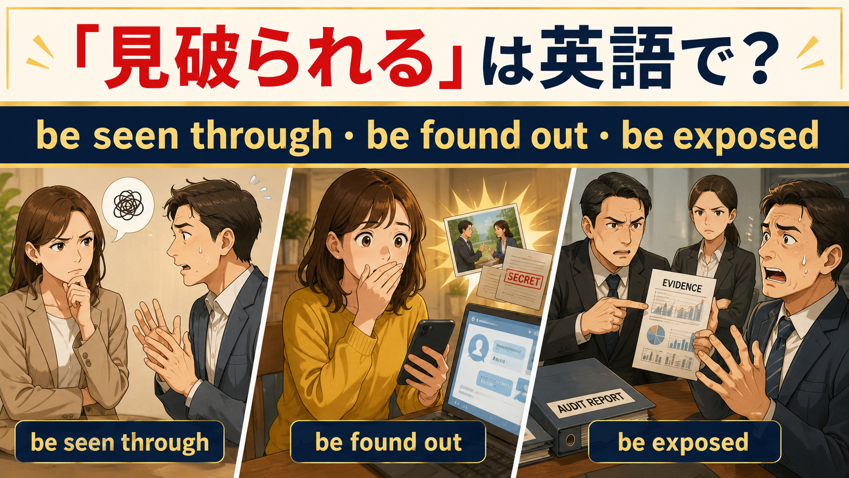 見破られるは英語で?be seen through・be found out・be exposedの違い