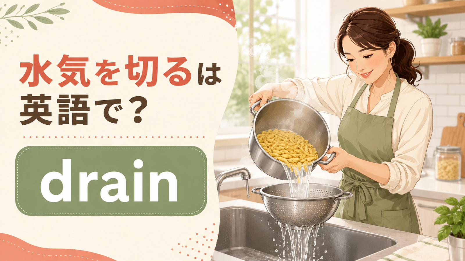 ざるにあけたパスタの水気を切る様子と「水気を切るは英語で？」の文字