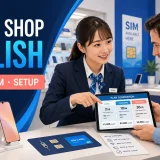 携帯電話ショップで料金プランとSIMを英語で案内するスタッフ