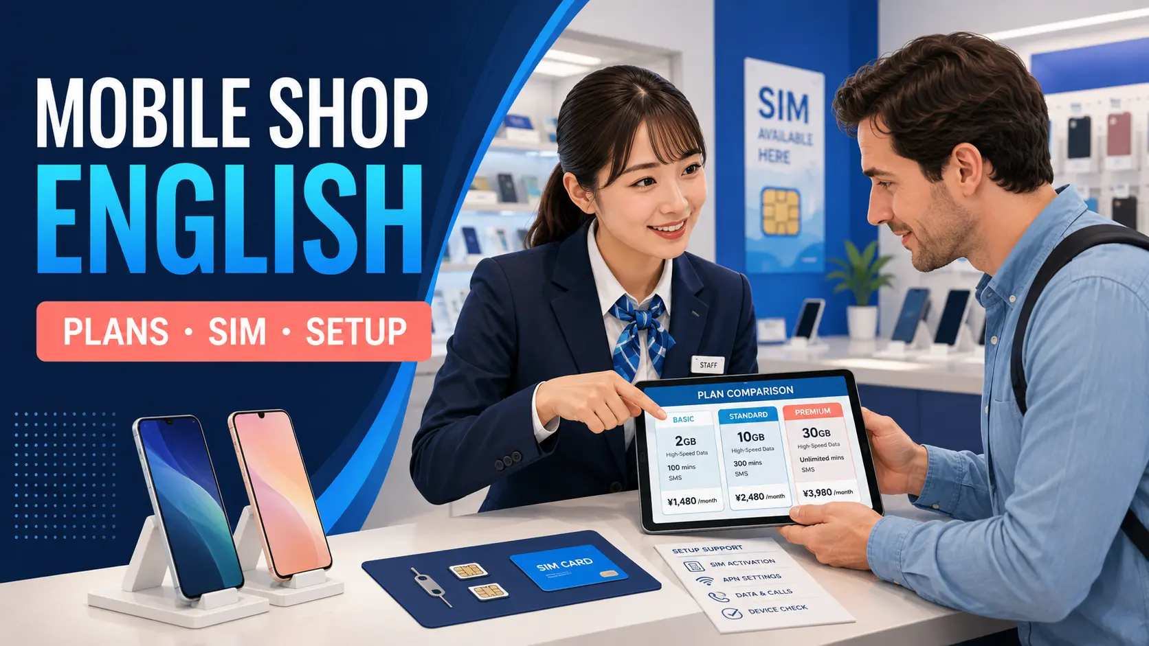 携帯電話ショップで料金プランとSIMを英語で案内するスタッフ