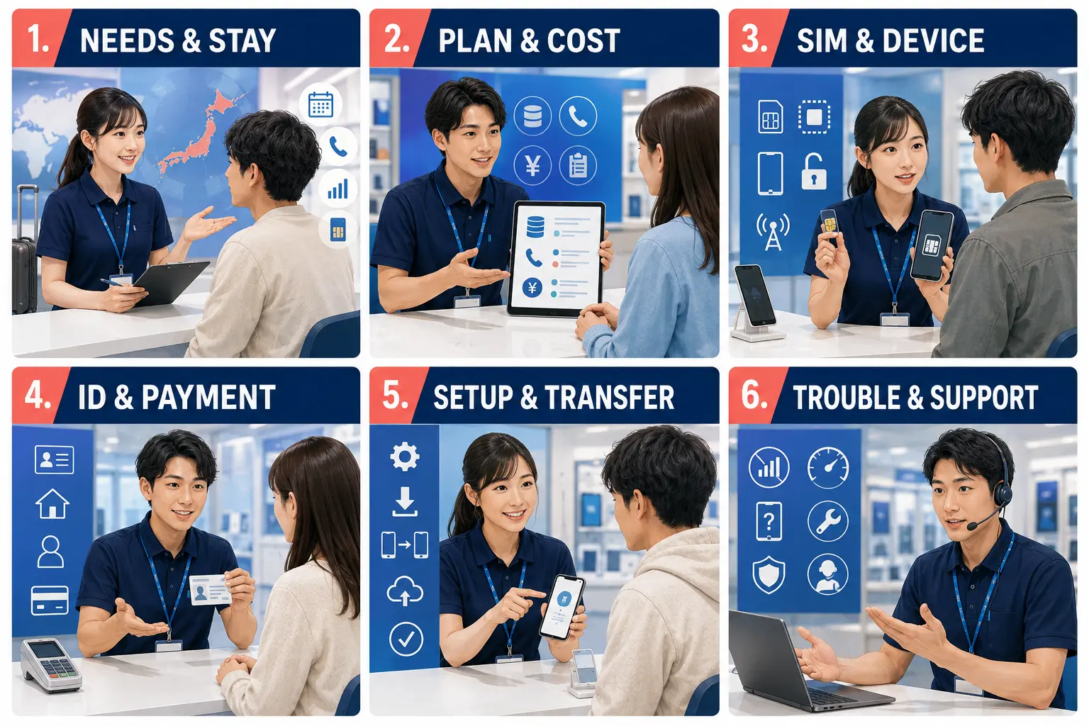 携帯電話ショップの英語接客で使う6つの場面