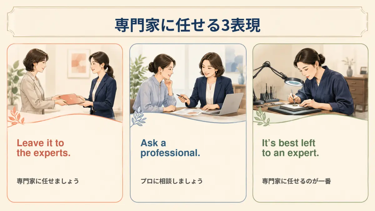 「餅は餅屋」を伝える専門家に任せる英語3表現のまとめイラスト