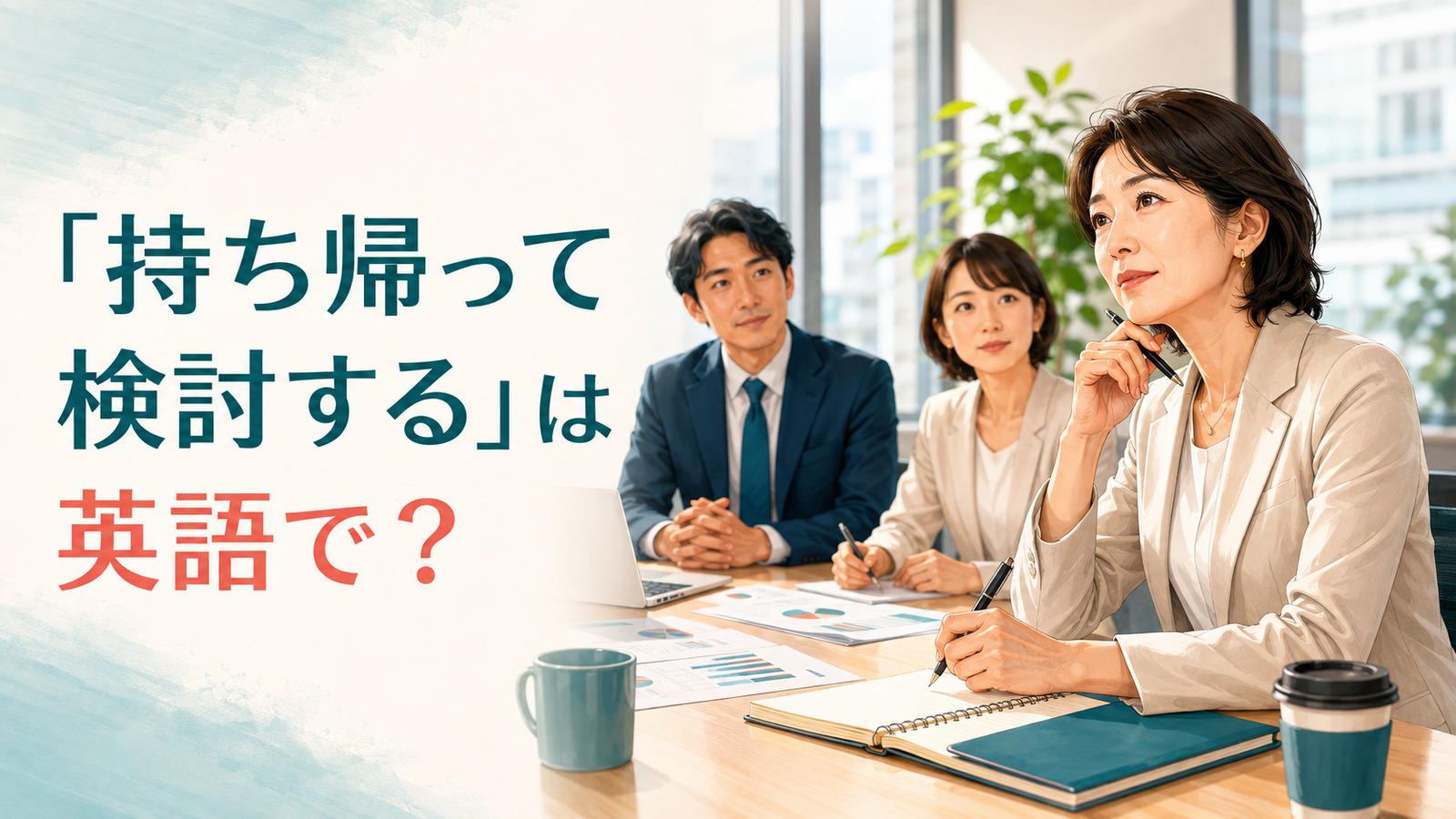 会議で提案を持ち帰って検討する日本人女性と英語表現を示すアイキャッチ