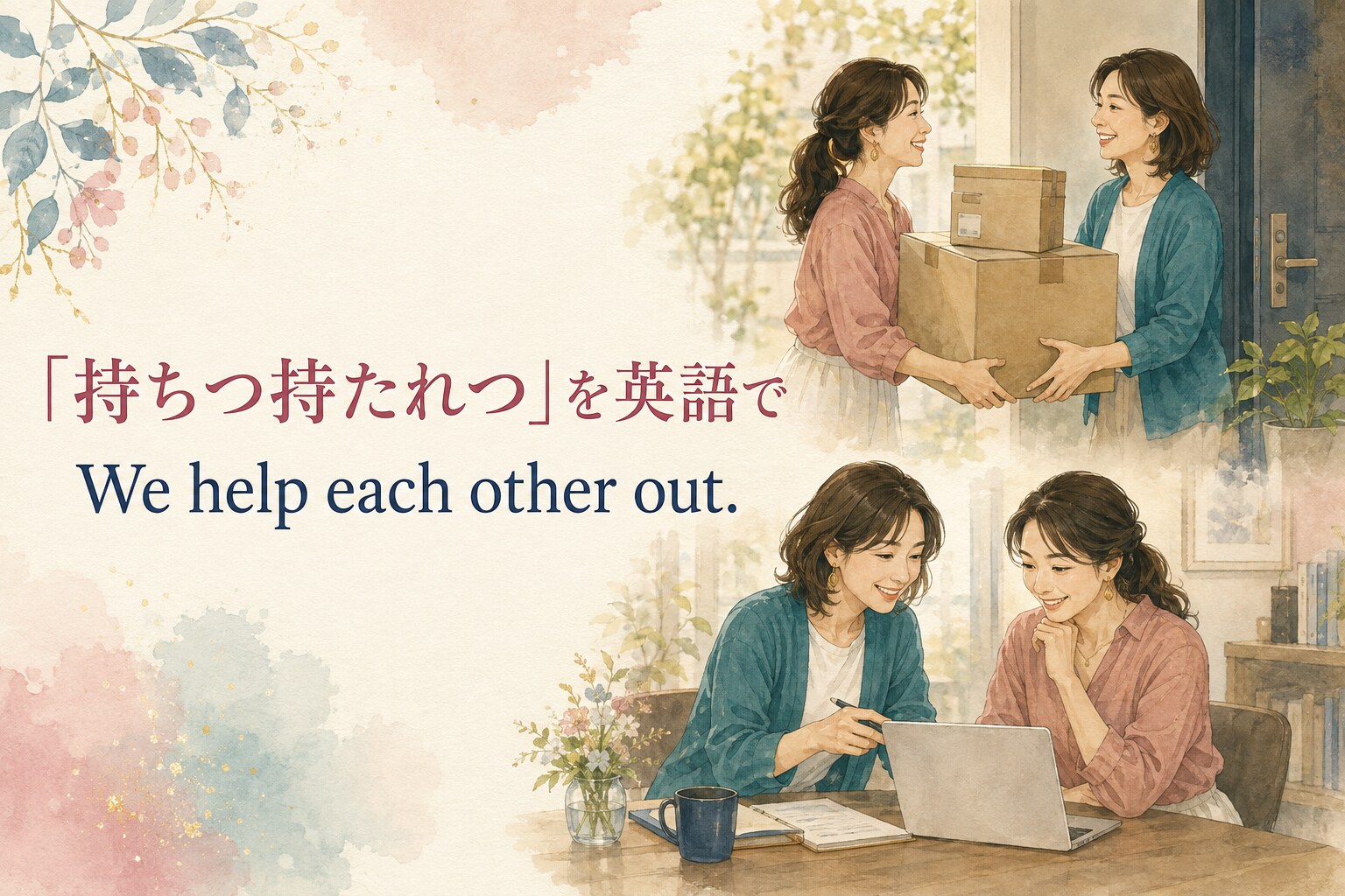 「持ちつ持たれつ」を英語で表す We help each other out. のアイキャッチ