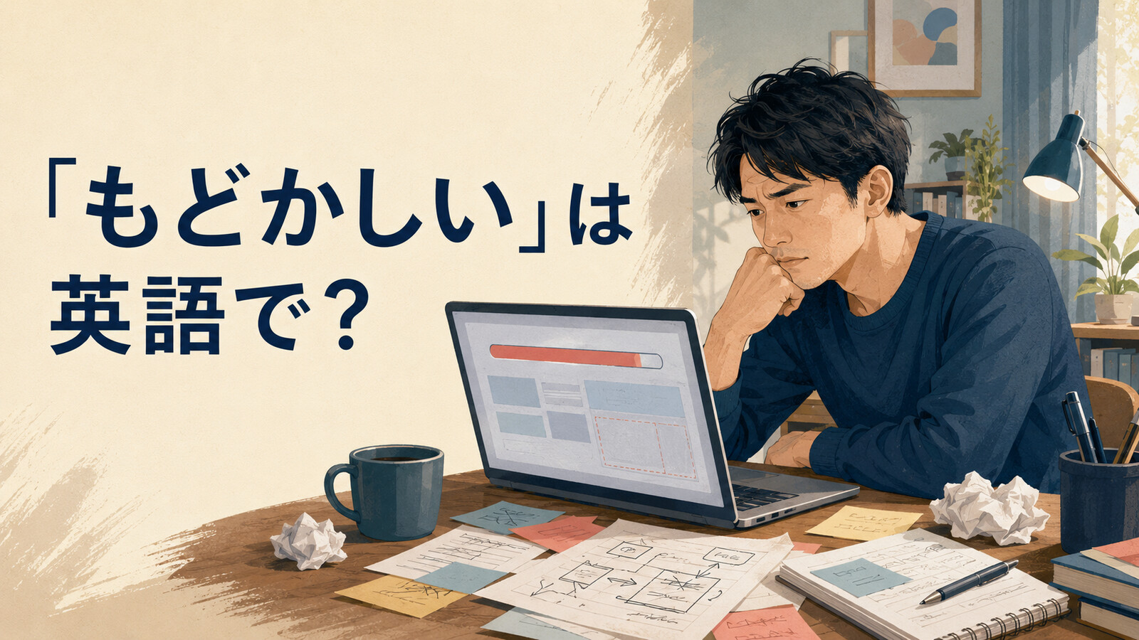 「もどかしい」は英語で？作業が進まず悩む男性のイラスト