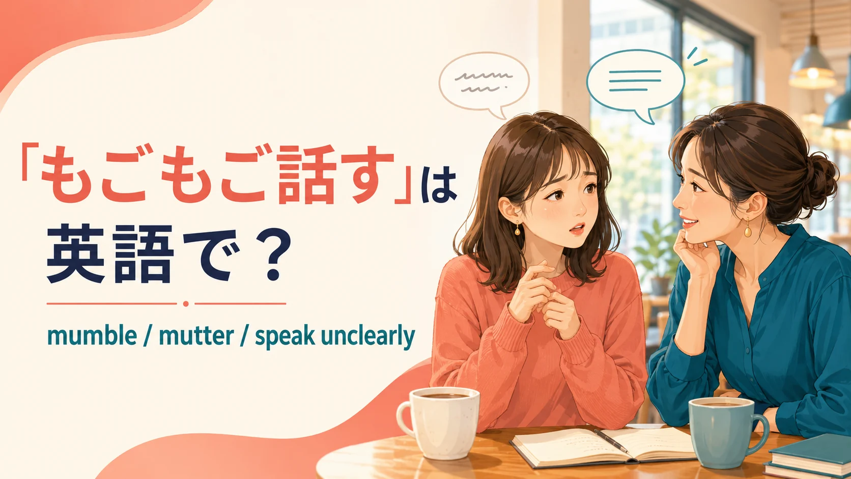 「もごもご話す」は英語で？ mumble、mutter、speak unclearlyを紹介するイラスト