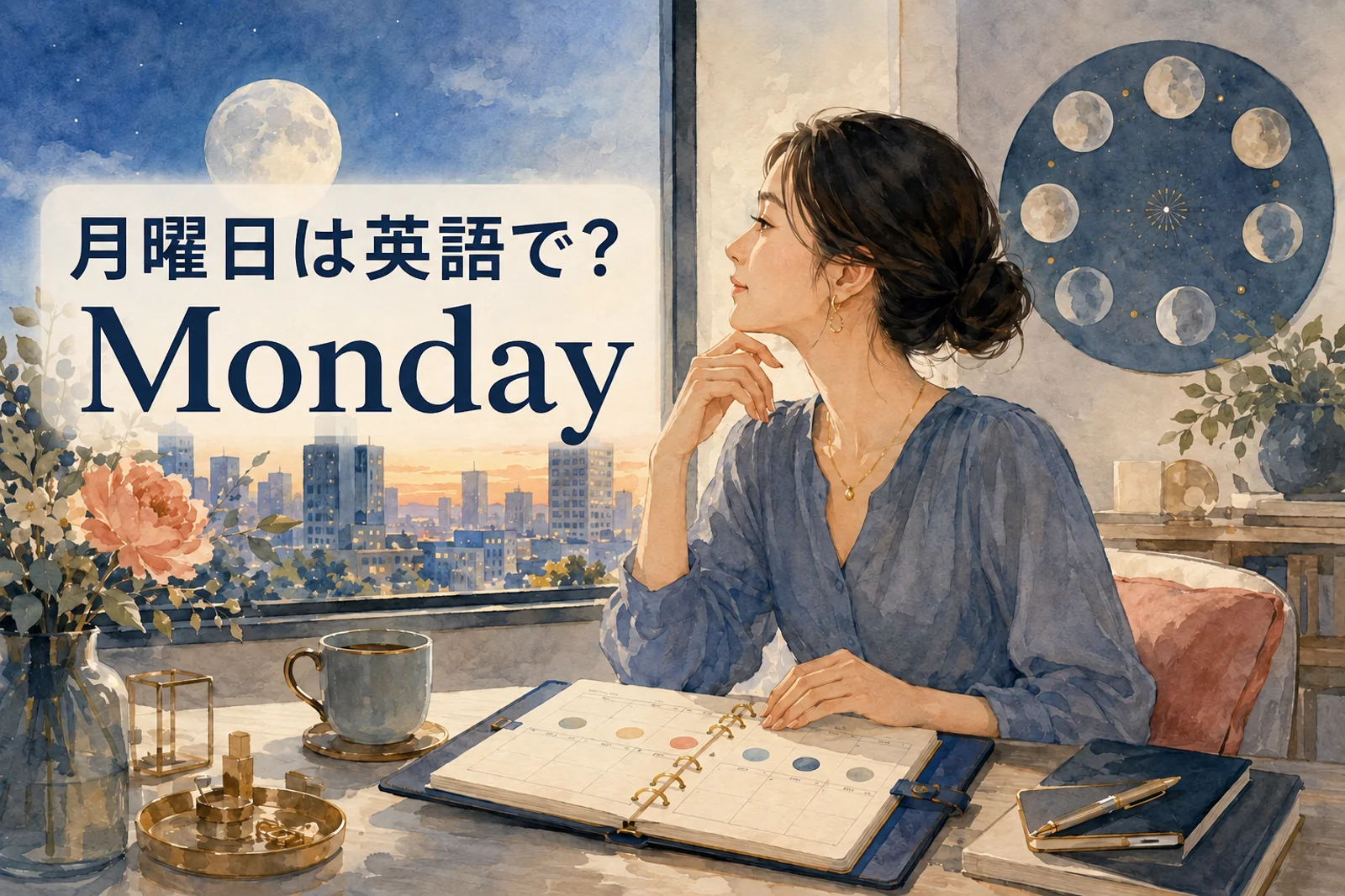 月曜日は英語でMondayと示した月と朝の女性のイラスト