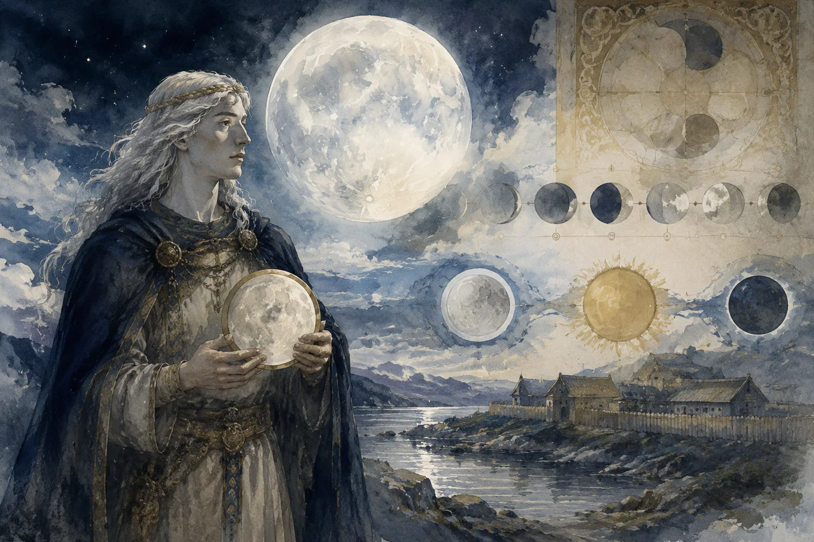 MondayがMoon's dayに由来することを表す月の神話的イラスト