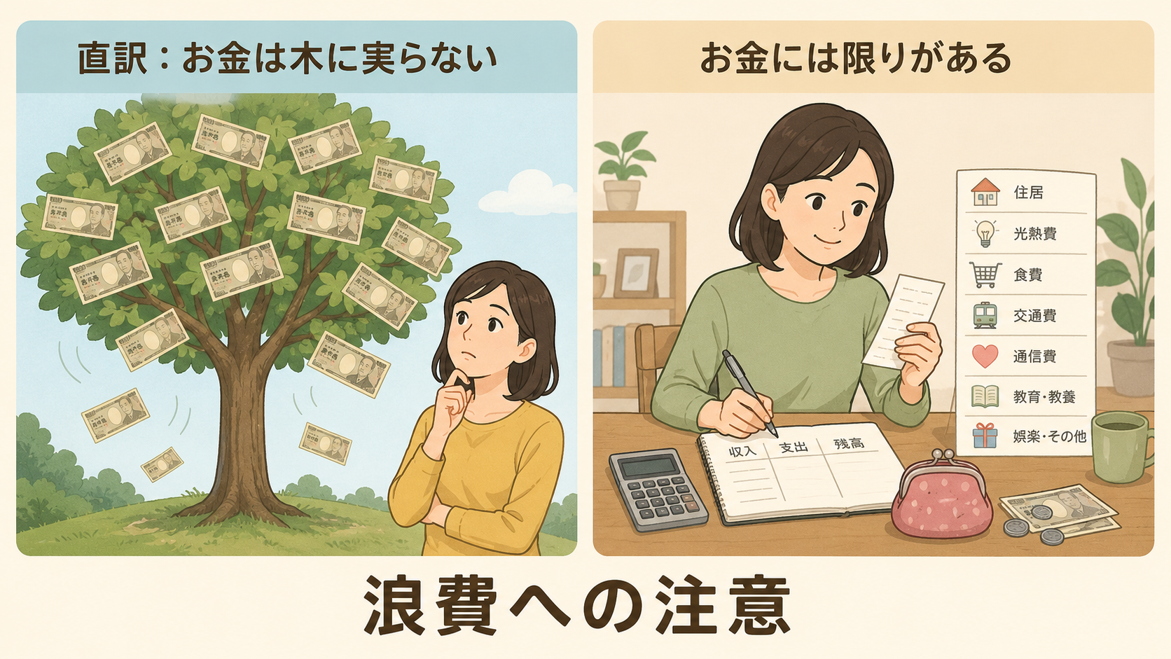 Money doesn’t grow on trees.の直訳と実際のニュアンスを比べる解説イラスト
