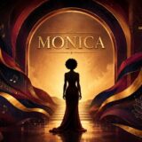 Monicaの信念と強さを表現した光の舞台と女性シルエットのイラスト