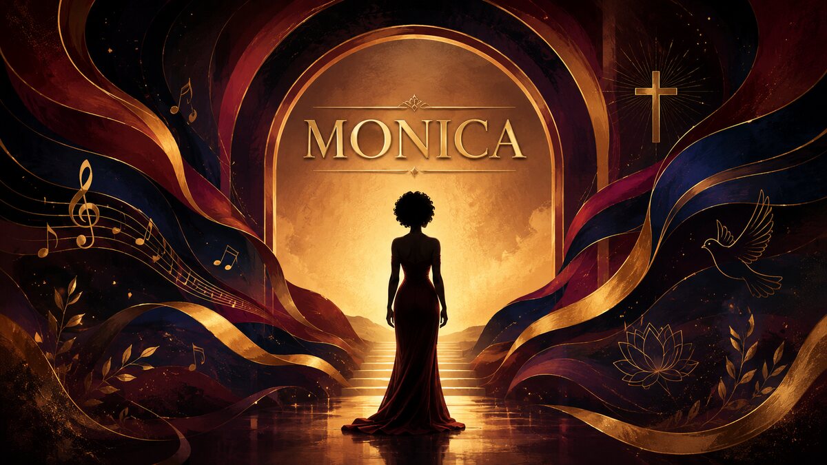 Monicaの信念と強さを表現した光の舞台と女性シルエットのイラスト