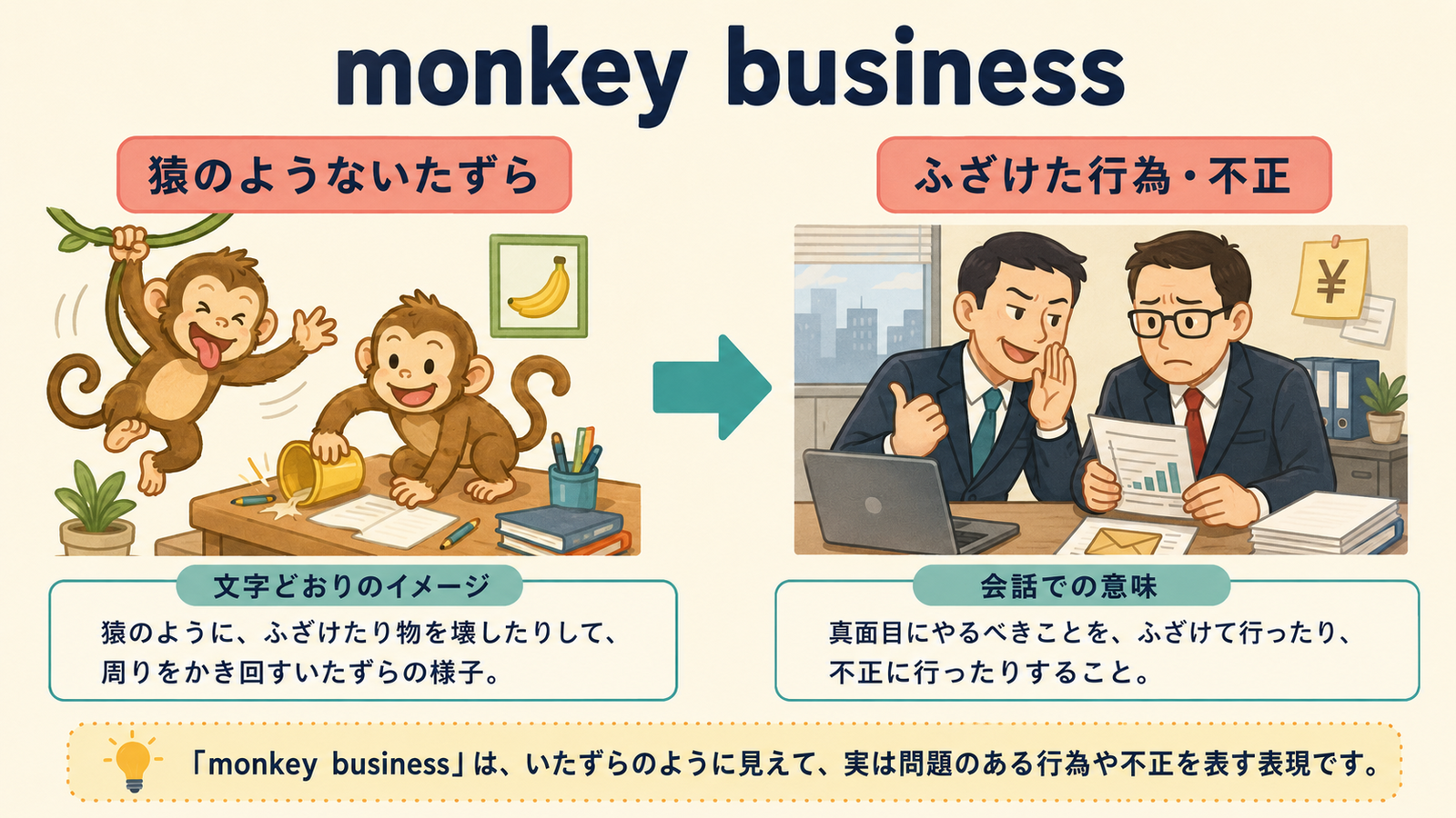 monkey businessの直訳イメージから実際の意味へのつながり