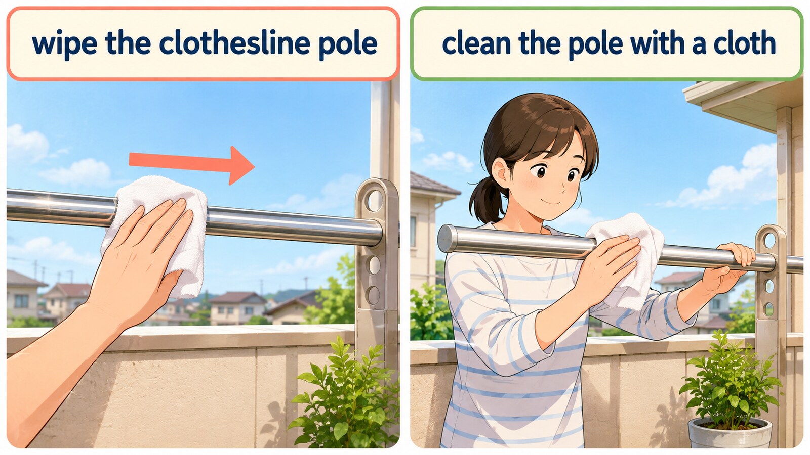 wipe the clothesline poleとclean the pole with a clothの言い換え図