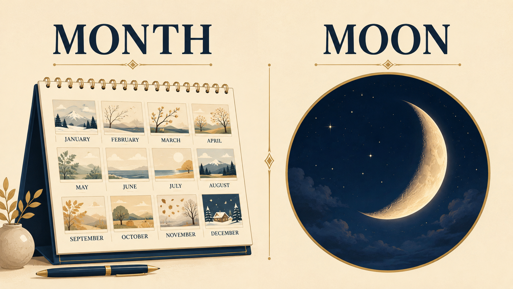 カレンダーの月monthと空の月moonの違いを表した英語学習イラスト