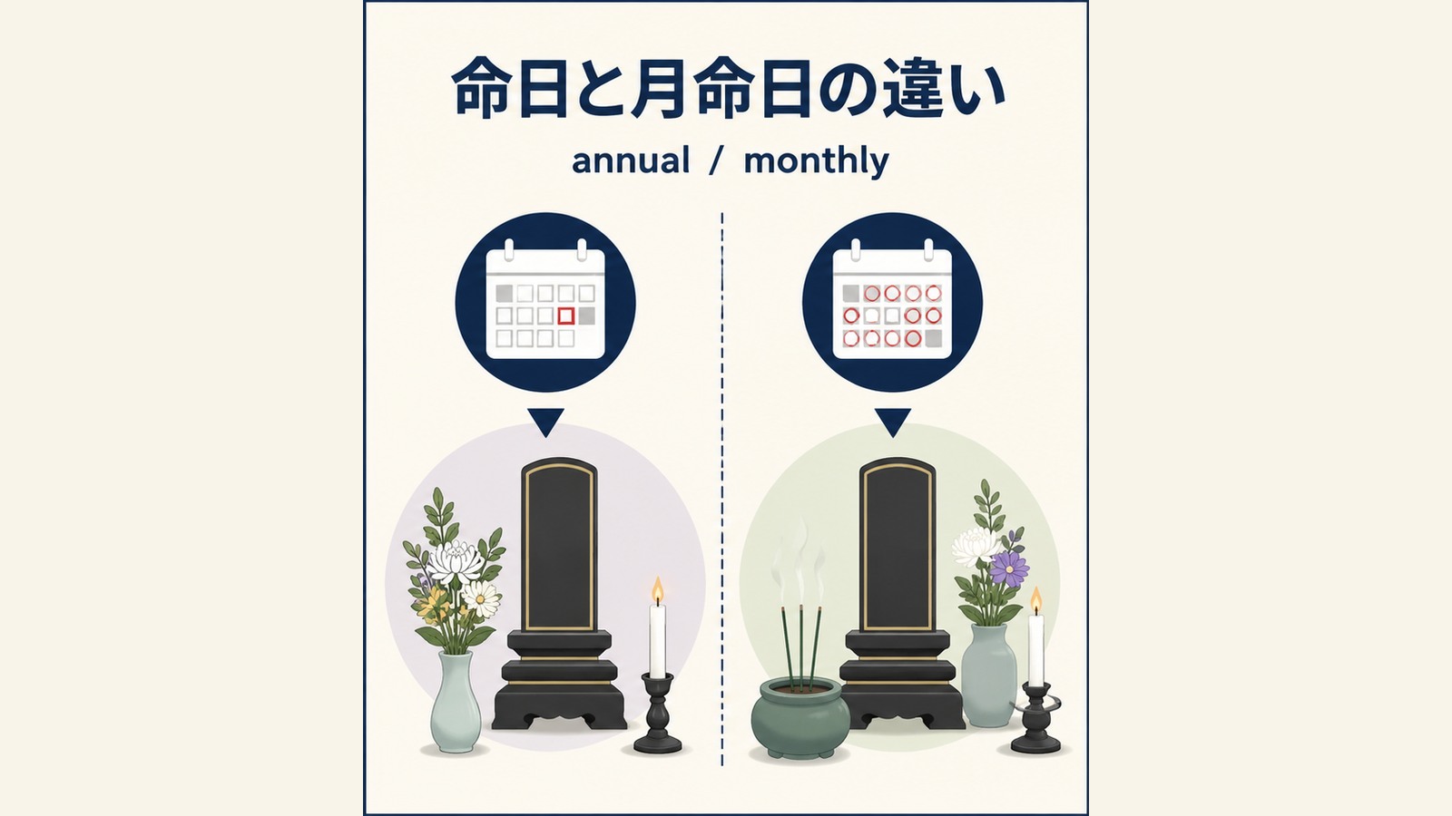 月命日の英語表現と使い分けを説明するイラスト