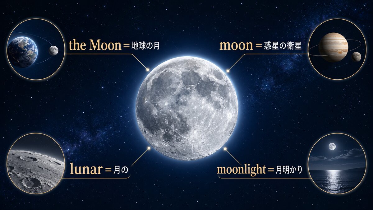 the Moon、moon、lunar、moonlightの意味と使い分けを示す図解
