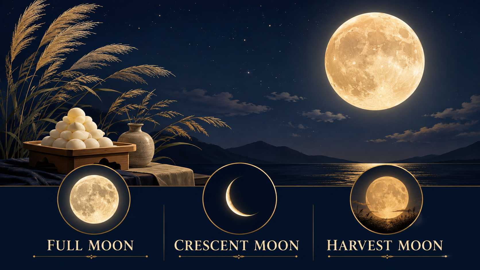 満月full moon・三日月crescent moon・中秋の名月harvest moonを十五夜とともに表したイラスト