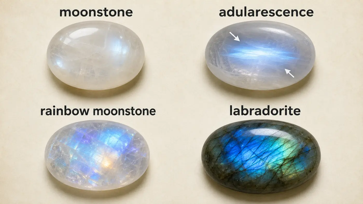 moonstone、adularescence、rainbow moonstone、labradoriteの比較
