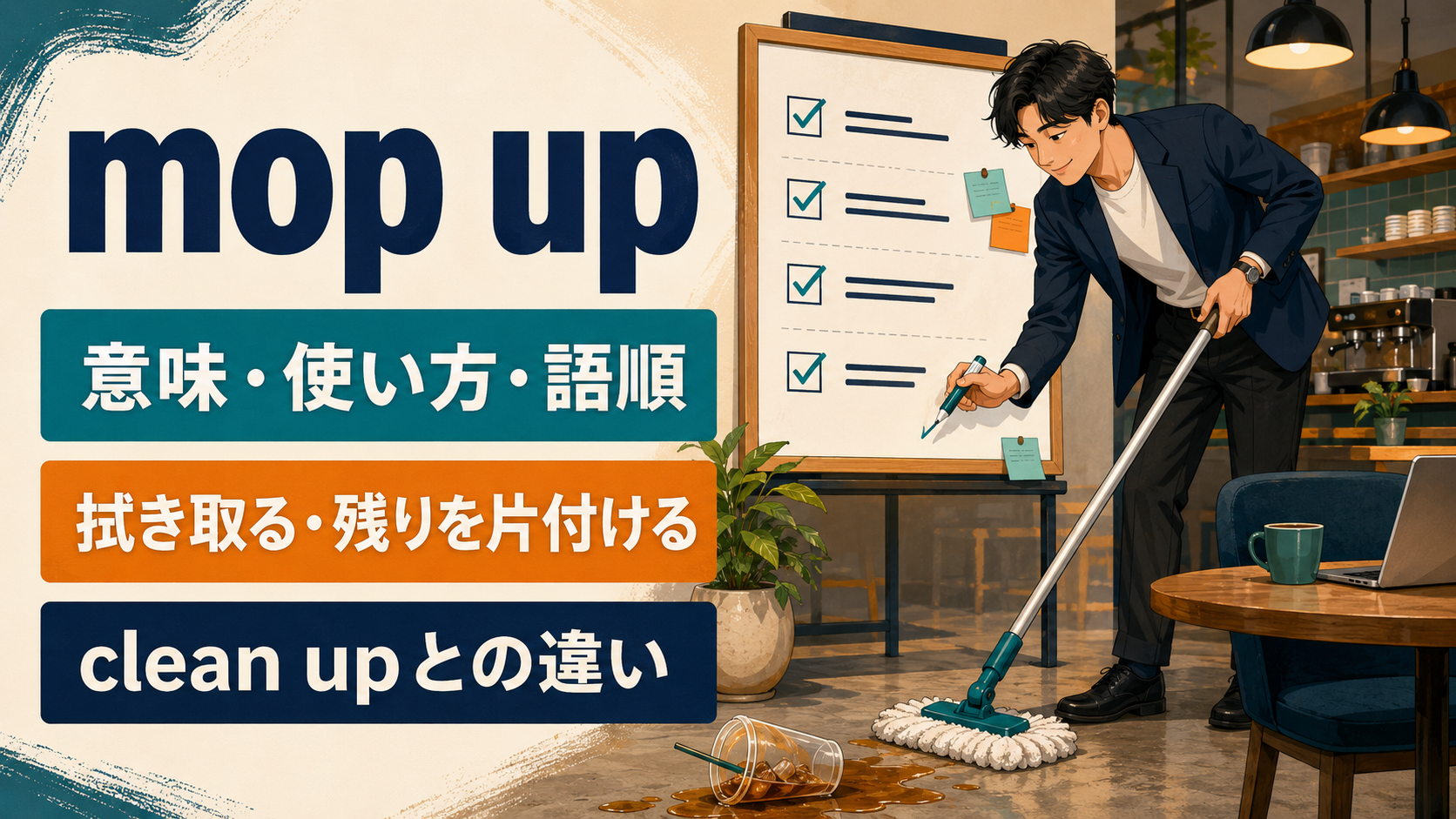 mop upの意味・使い方・語順、拭き取る・残りを片付けるとclean upとの違い
