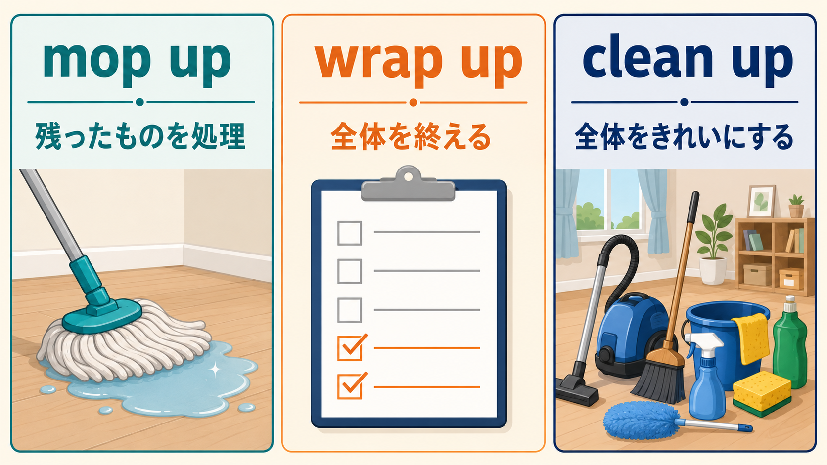 mop up・wrap up・clean upのニュアンスの違い