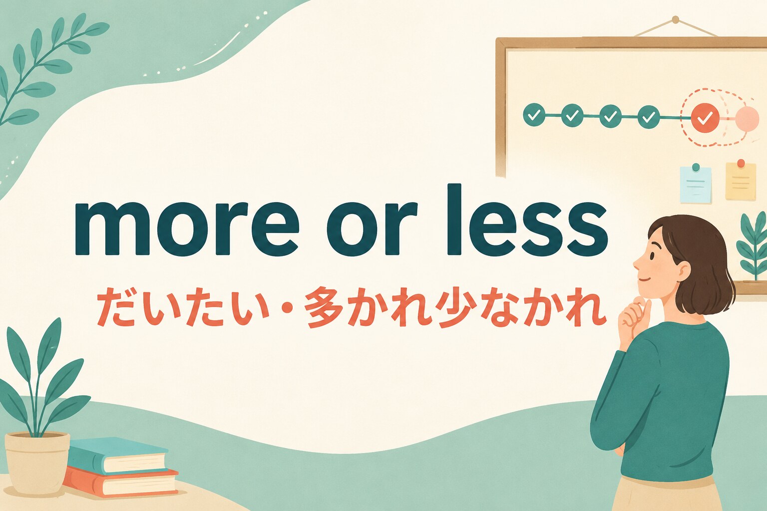 more or lessの意味「だいたい・多かれ少なかれ」を表すイラスト