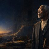 モーガン・フリーマンの英語の名言をイメージした、夜明けの図書館に立つ語り手のイラスト