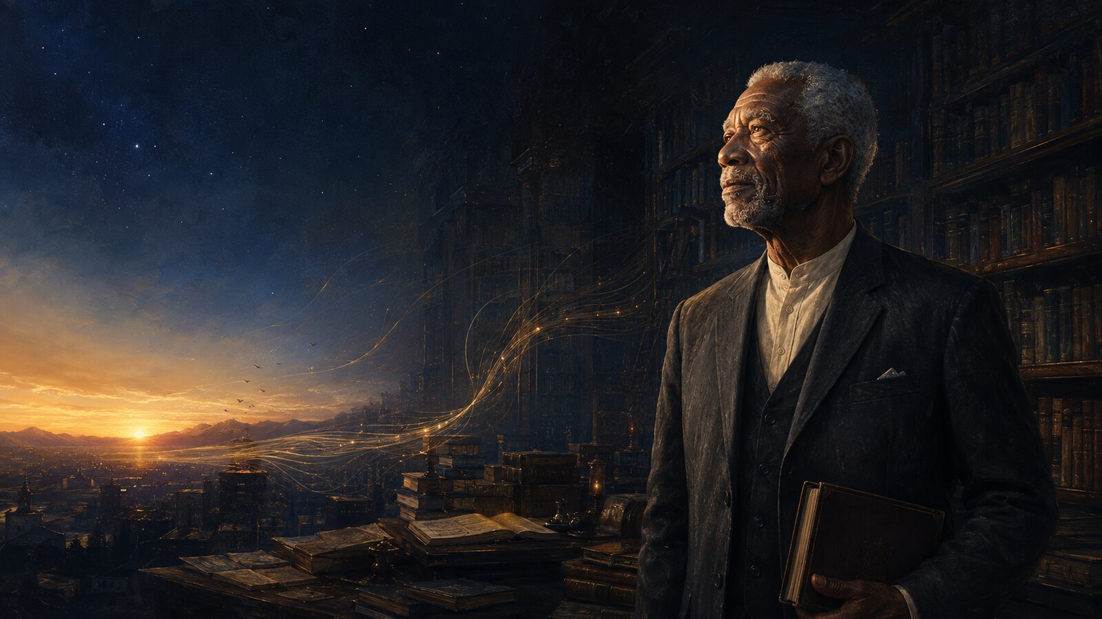 モーガン・フリーマンの英語の名言をイメージした、夜明けの図書館に立つ語り手のイラスト