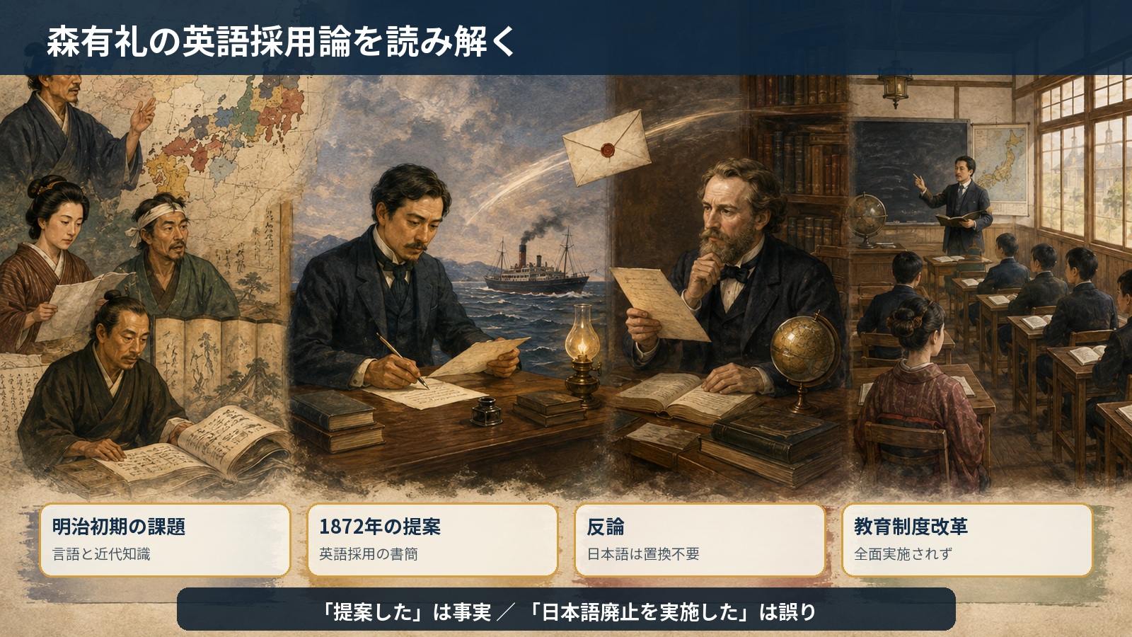 明治初期の課題、1872年の提案、反論と現実を整理した図解