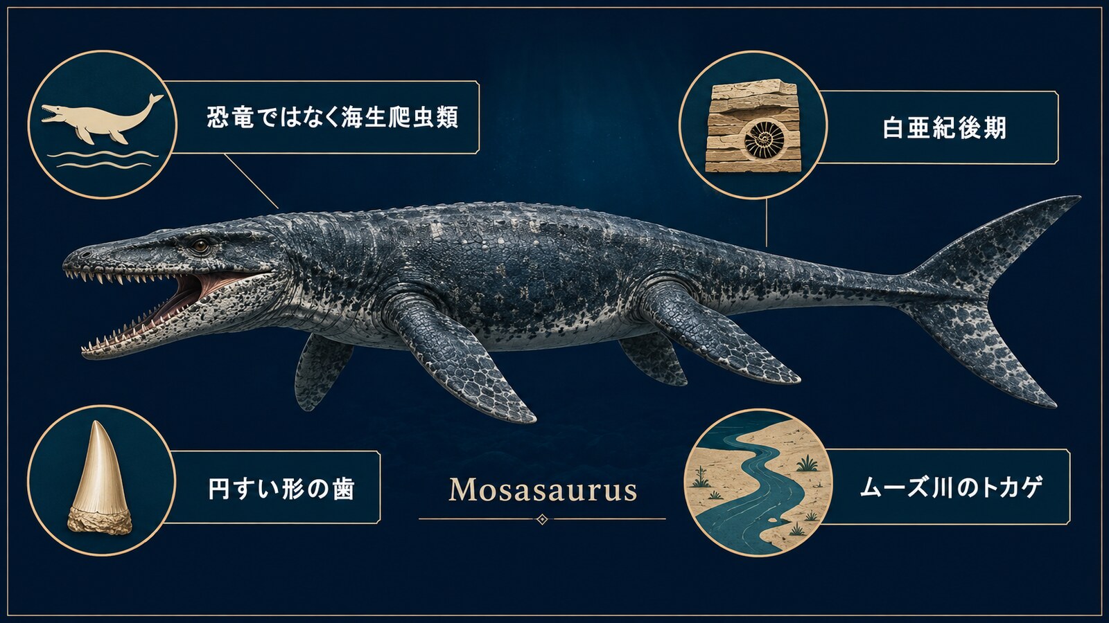 モササウルスは恐竜ではなく海生爬虫類で、白亜紀後期に生き、円すい形の歯を持ち、名前はムーズ川のトカゲを意味することを示す図