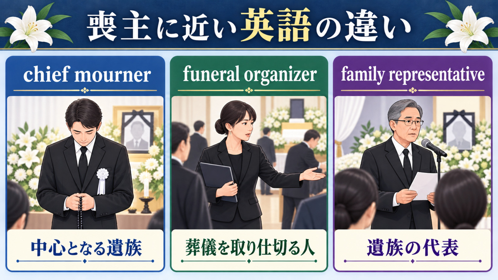 chief mourner、funeral organizer、family representativeの違い