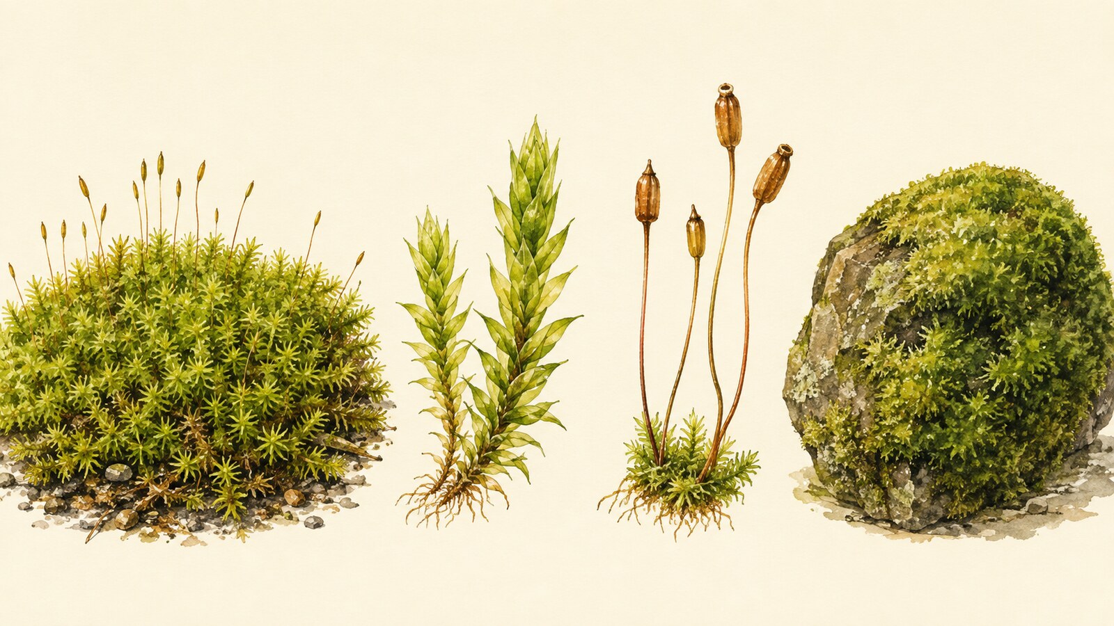 苔の群落と葉状体、細い柄の先につく胞子嚢、苔むした石を示す植物画