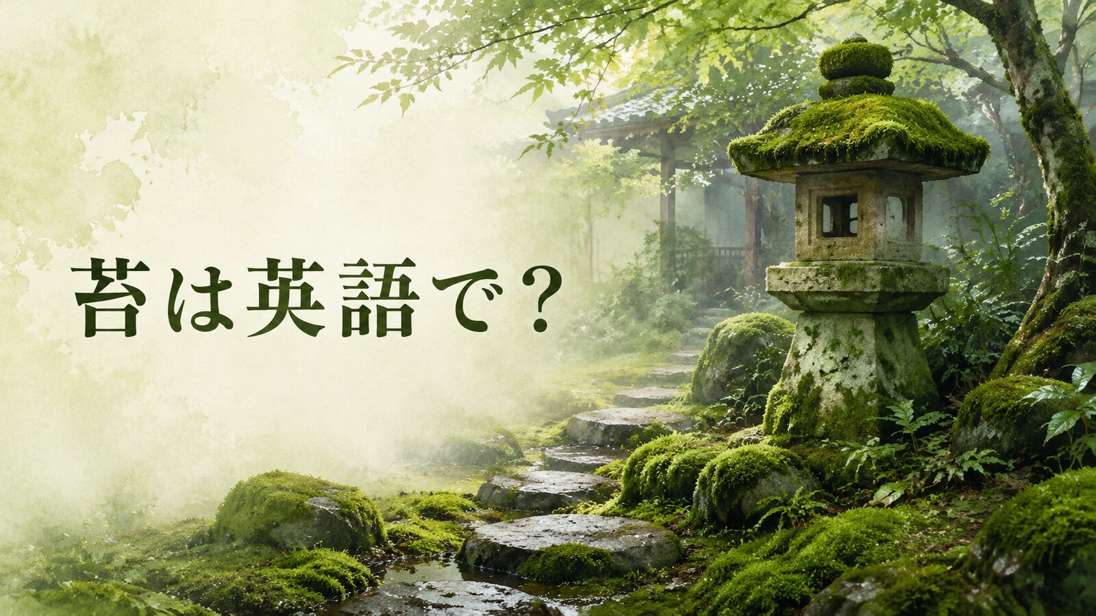 雨上がりの苔庭と石灯籠に「苔は英語で?」と記したアイキャッチ