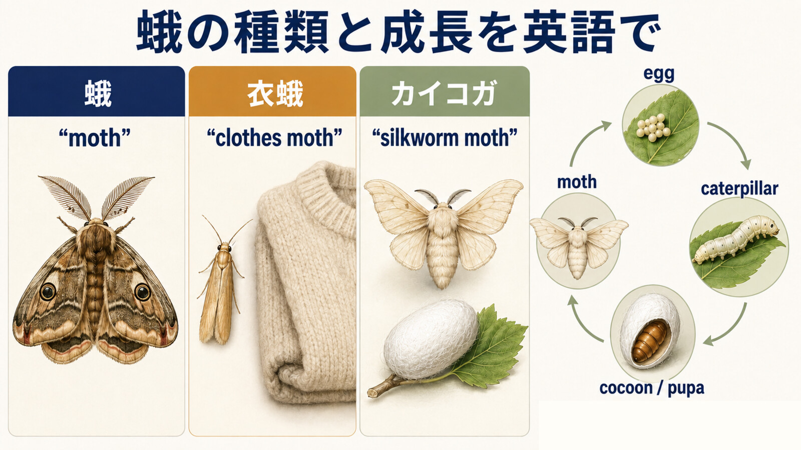 moth、clothes moth、silkworm mothと蛾の成長過程を示すイラスト