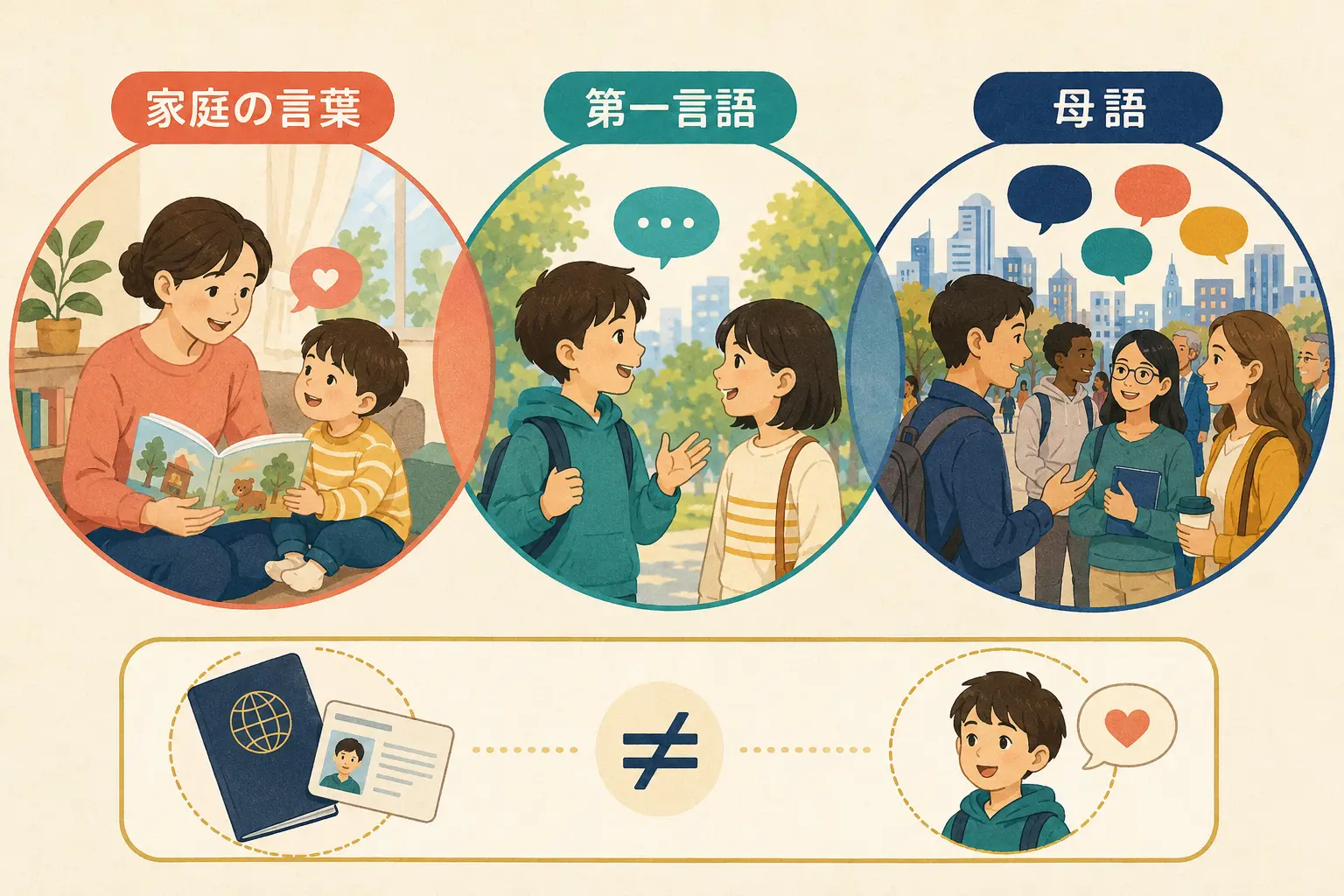 母語・第一言語・家庭の言葉の違いと重なりを示す図