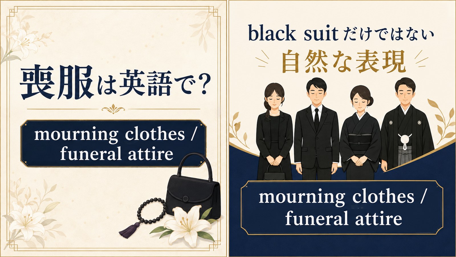 喪服は英語で?mourning clothes / funeral attireを解説するアイキャッチ