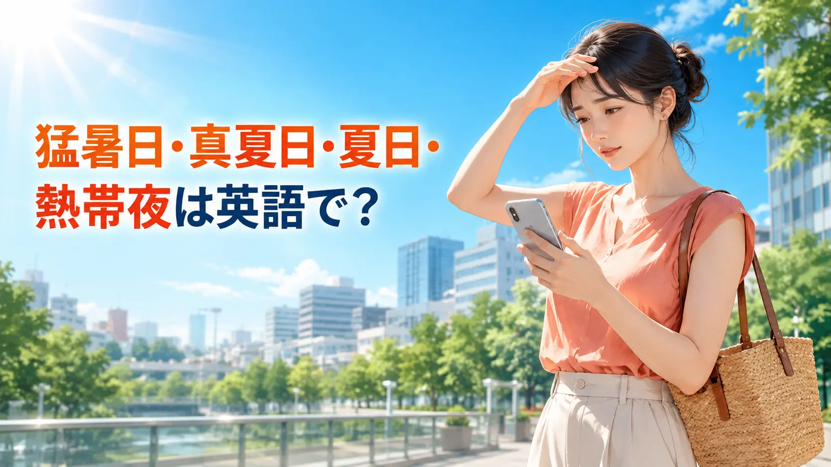 猛暑日・真夏日・夏日・熱帯夜の英語表現を学ぶ夏の女性