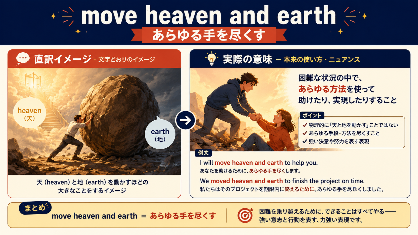 move heaven and earthの直訳と実際の意味を比較した解説