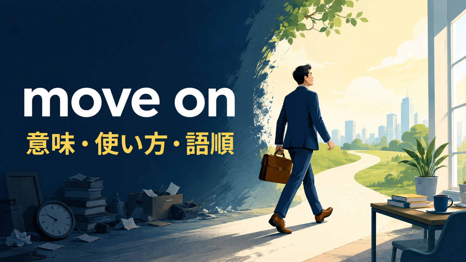 move onの意味・使い方・語順を表すイラスト