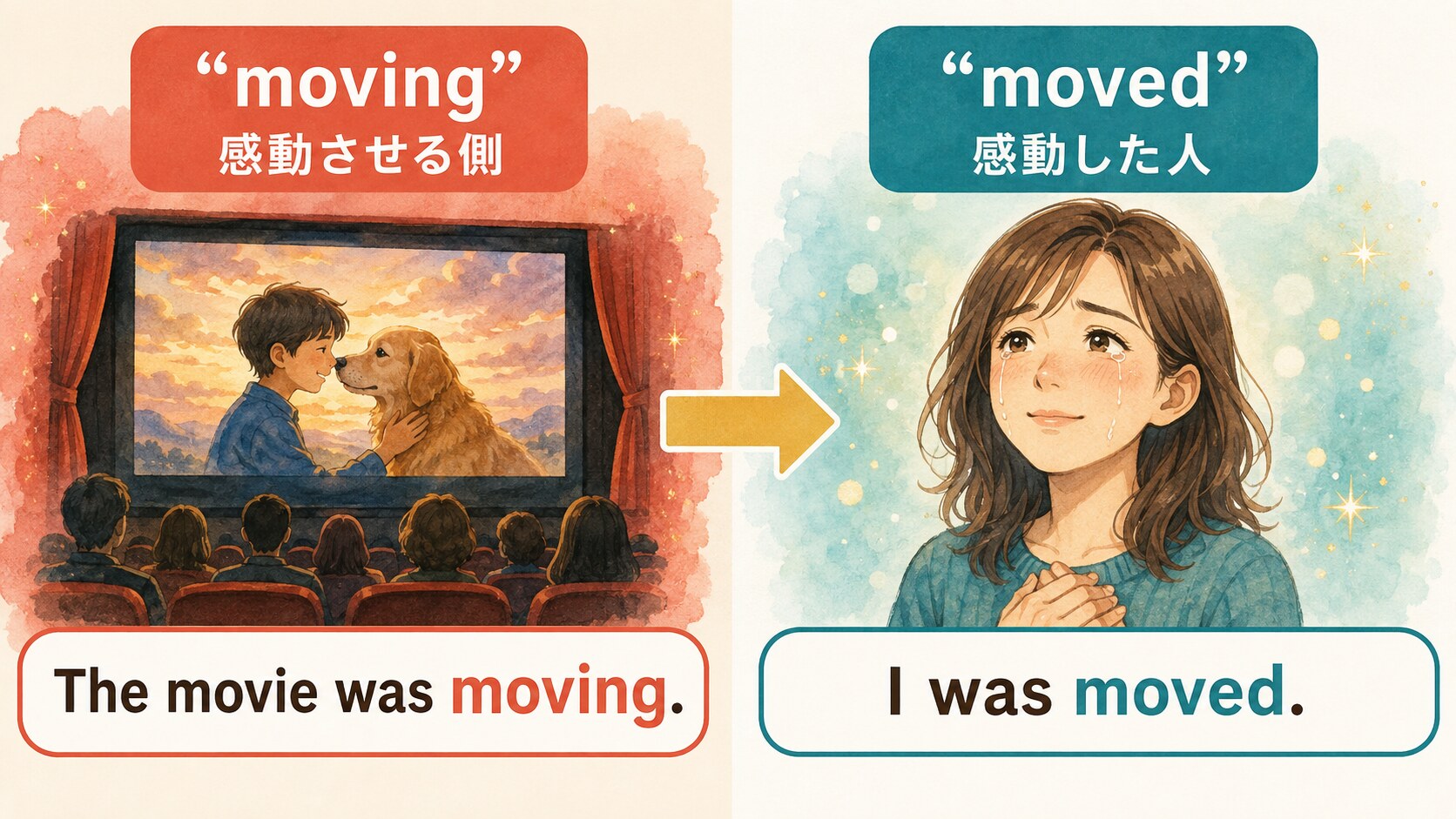 movingは感動させる側、movedは感動した人を表す比較図