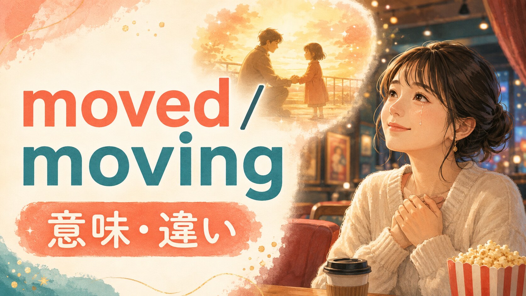 movedとmovingの意味と違いを解説する英語学習イラスト