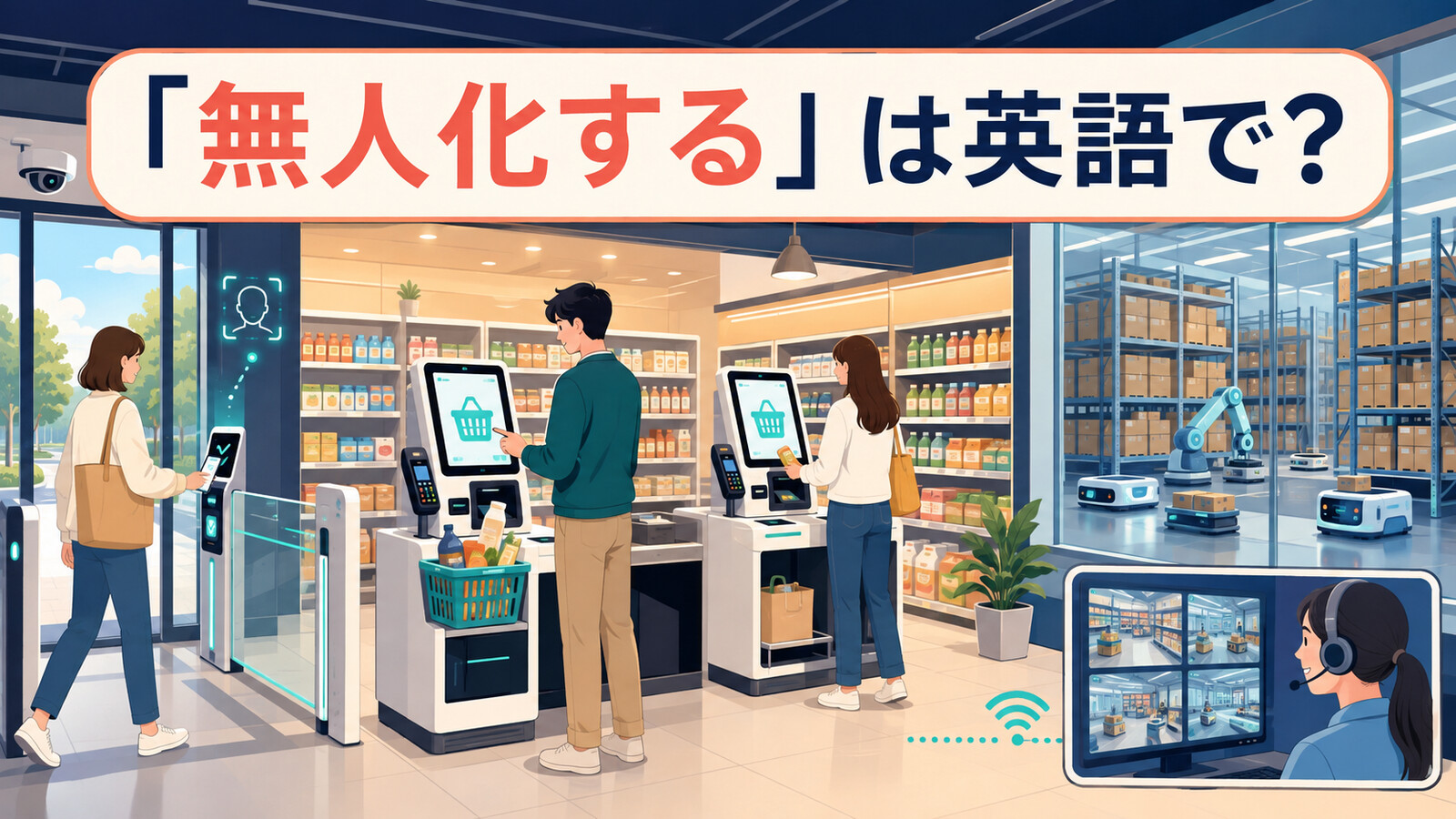 「無人化する」は英語で?セルフレジと自動倉庫で無人運営する施設のイラスト