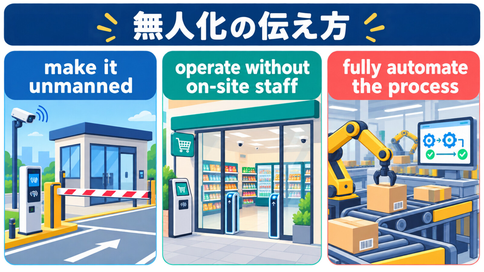 make it unmanned、operate without on-site staff、fully automate the processの違い