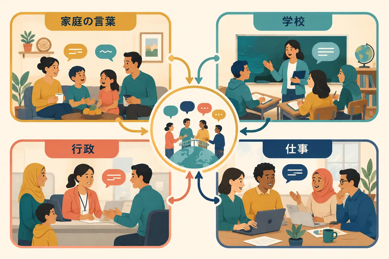 家庭の言葉、学校、行政、仕事で言語を使い分ける多言語社会のイラスト