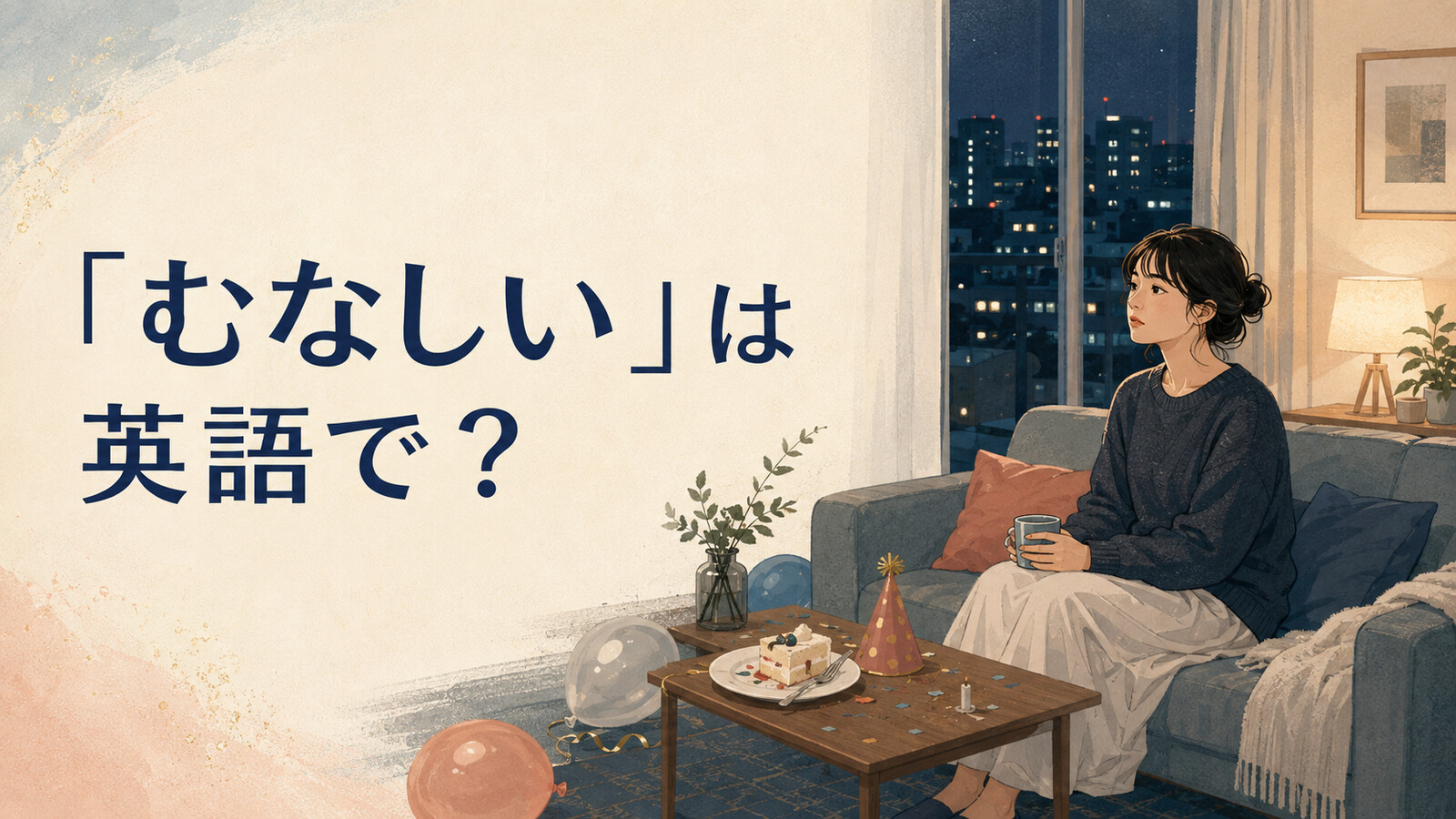 「むなしい」は英語で？パーティーの後に一人で座る女性のイラスト