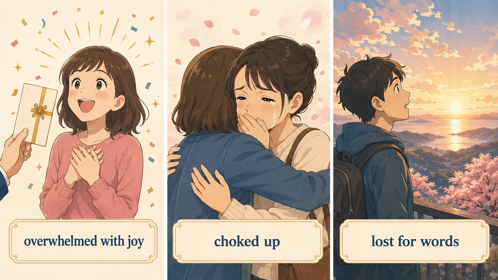 overwhelmed with joy、choked up、lost for wordsで胸がいっぱいになる3場面のイラスト