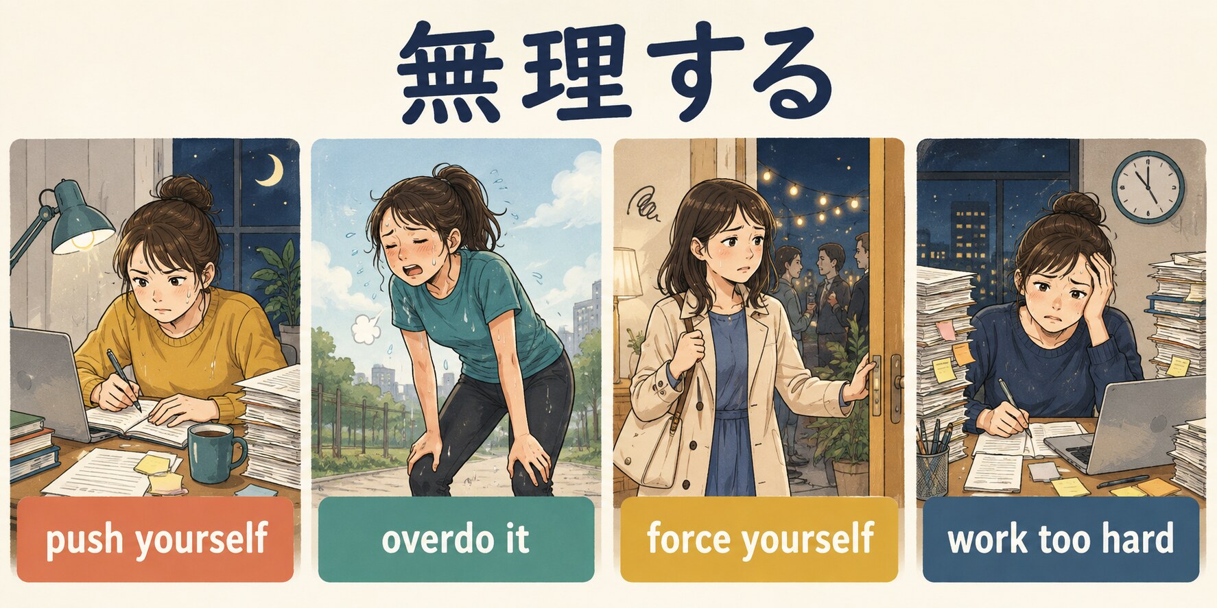 無理するを表すpush yourself、overdo it、force yourself、work too hardの比較