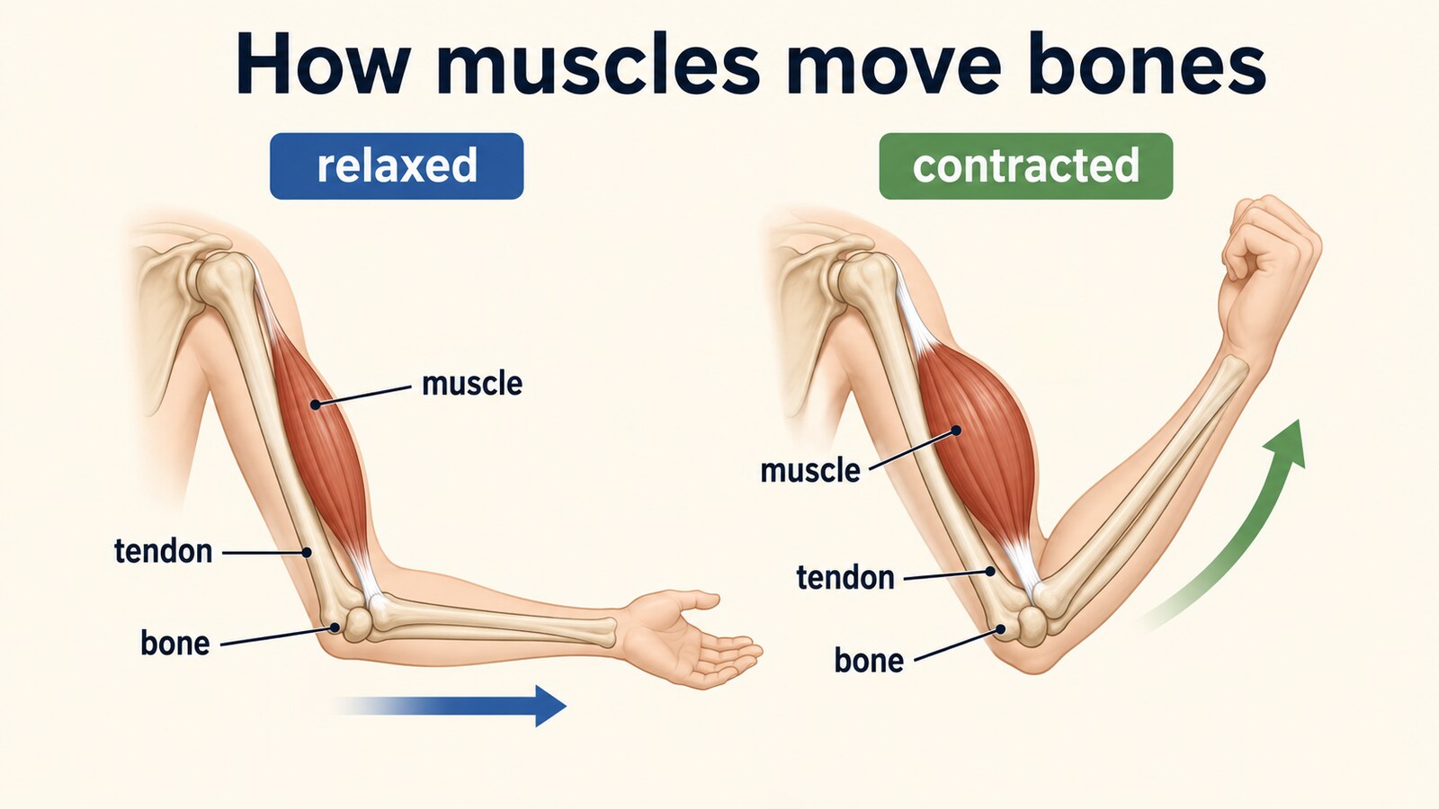 relaxedとcontractedを比較しmuscle、tendon、boneの関係を示す英語図解